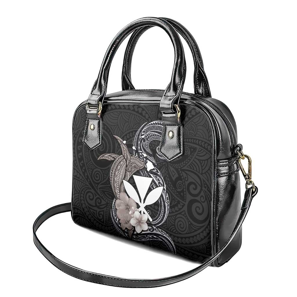 Hawaiian Whale and Kanaka Maoli Symbol Shoulder Handbag Hibiscus with Hawaii Map and Polynesian Tattoo Grayscale Color LT03 - Polynesian Pride