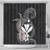 Hawaiian Whale and Kanaka Maoli Symbol Shower Curtain Hibiscus with Hawaii Map and Polynesian Tattoo Grayscale Color LT03 - Polynesian Pride