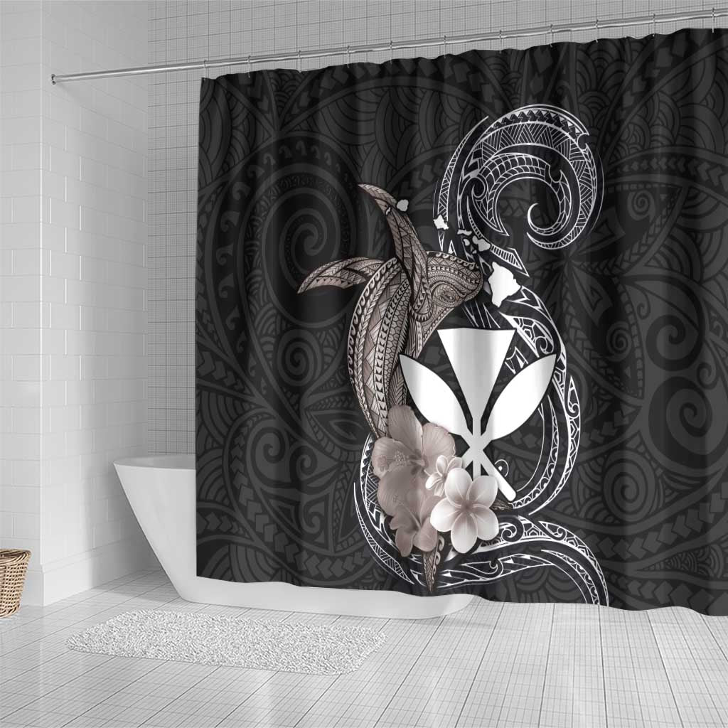 Hawaiian Whale and Kanaka Maoli Symbol Shower Curtain Hibiscus with Hawaii Map and Polynesian Tattoo Grayscale Color LT03 - Polynesian Pride