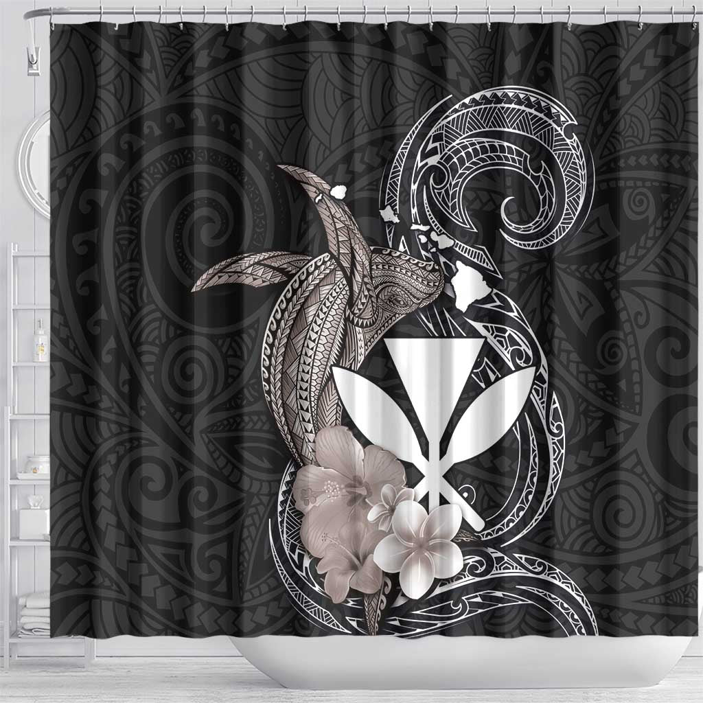 Hawaiian Whale and Kanaka Maoli Symbol Shower Curtain Hibiscus with Hawaii Map and Polynesian Tattoo Grayscale Color LT03 - Polynesian Pride