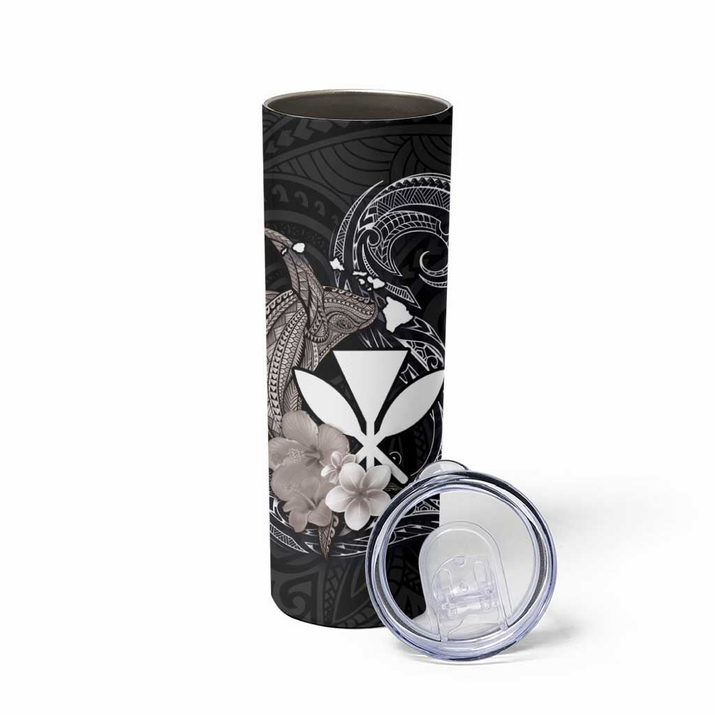 Hawaiian Whale and Kanaka Maoli Symbol Skinny Tumbler Hibiscus with Hawaii Map and Polynesian Tattoo Grayscale Color LT03 - Polynesian Pride