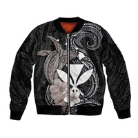 Hawaiian Whale and Kanaka Maoli Symbol Sleeve Zip Bomber Jacket Hibiscus with Hawaii Map and Polynesian Tattoo Grayscale Color LT03 Unisex Black - Polynesian Pride