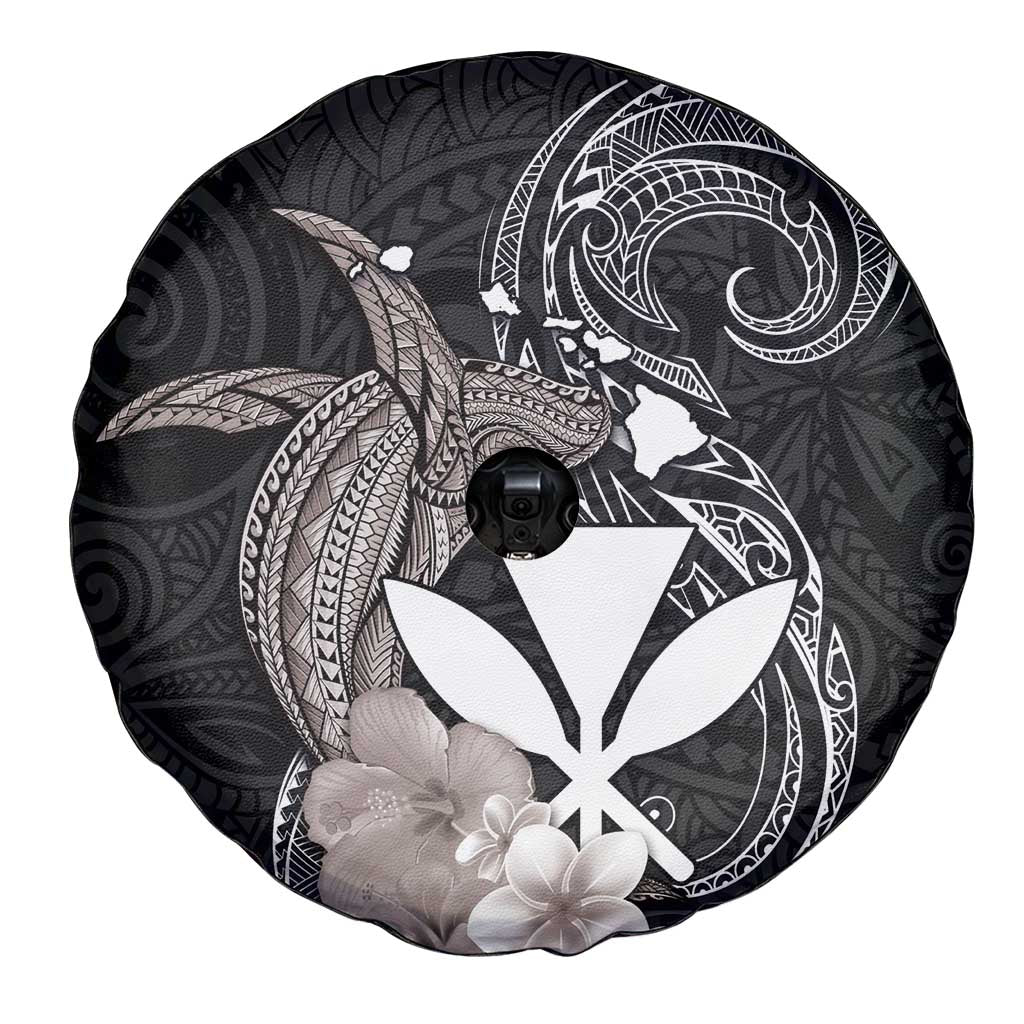 Hawaiian Whale and Kanaka Maoli Symbol Spare Tire Cover Hibiscus with Hawaii Map and Polynesian Tattoo Grayscale Color LT03 - Polynesian Pride