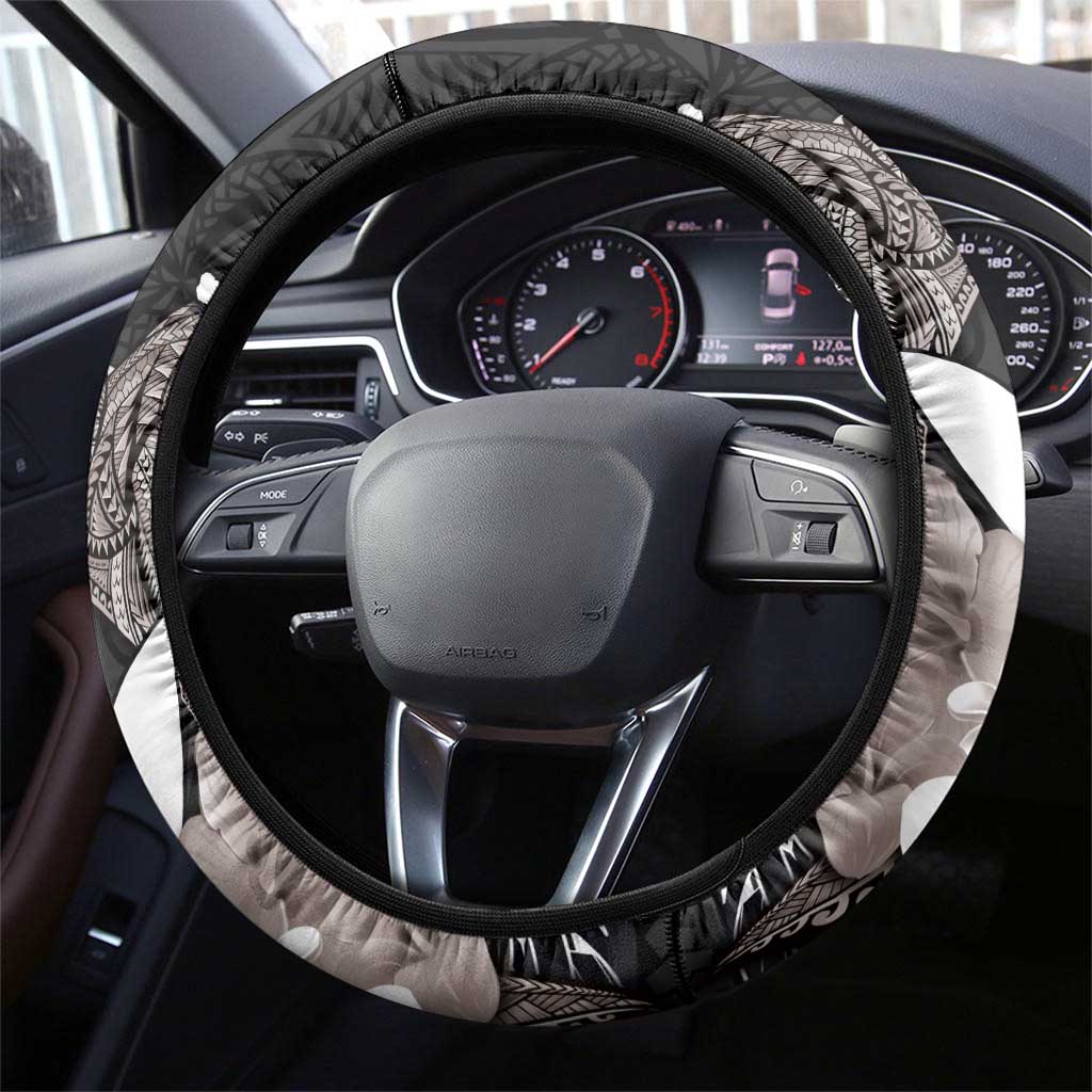 Hawaiian Whale and Kanaka Maoli Symbol Steering Wheel Cover Hibiscus with Hawaii Map and Polynesian Tattoo Grayscale Color LT03 - Polynesian Pride
