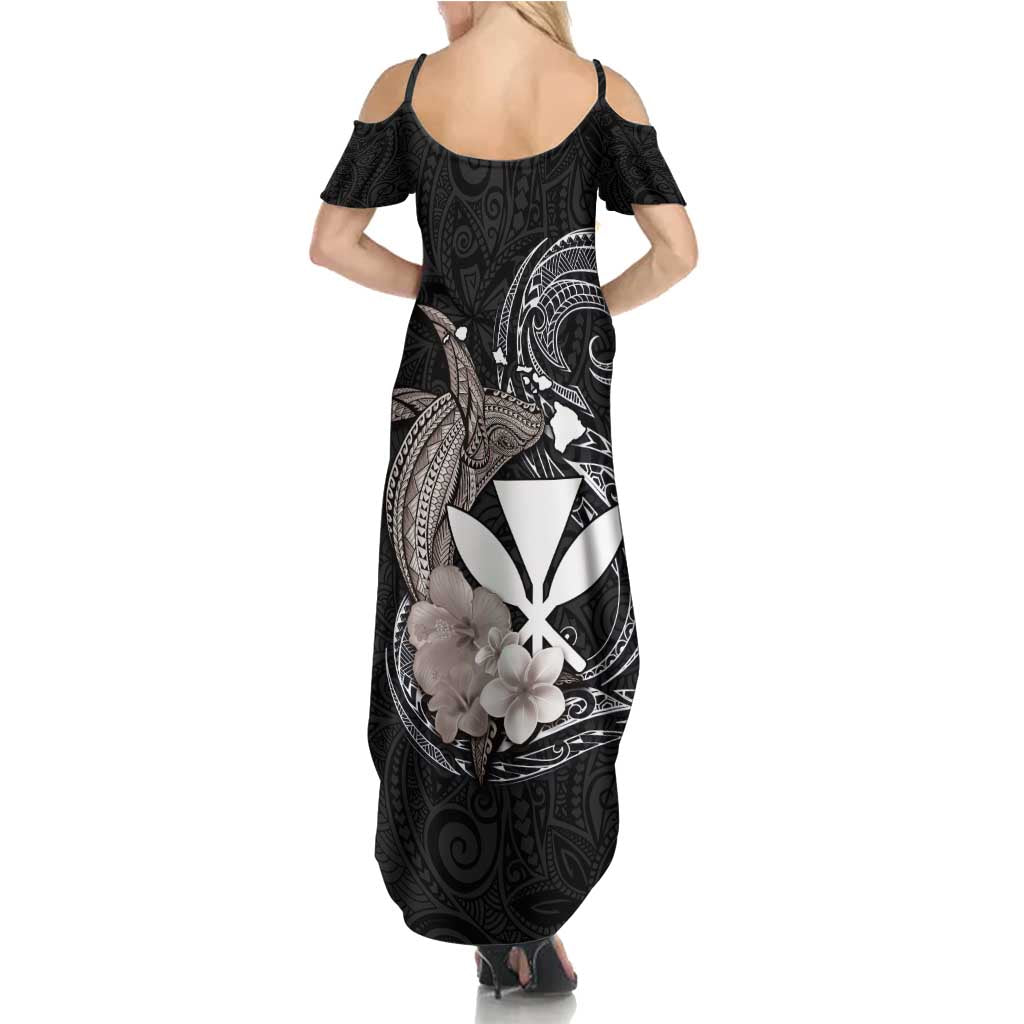 Hawaiian Whale and Kanaka Maoli Symbol Summer Maxi Dress Hibiscus with Hawaii Map and Polynesian Tattoo Grayscale Color LT03 - Polynesian Pride