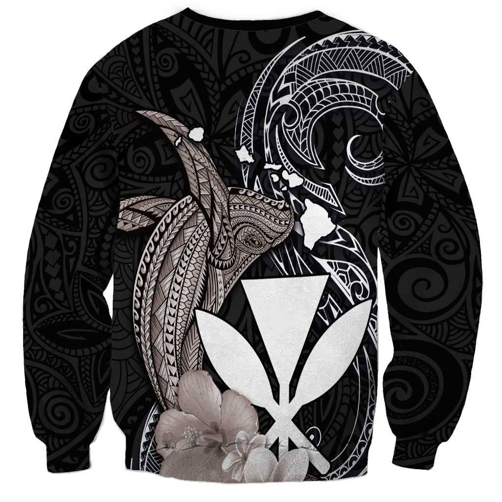 Hawaiian Whale and Kanaka Maoli Symbol Sweatshirt Hibiscus with Hawaii Map and Polynesian Tattoo Grayscale Color LT03 - Polynesian Pride