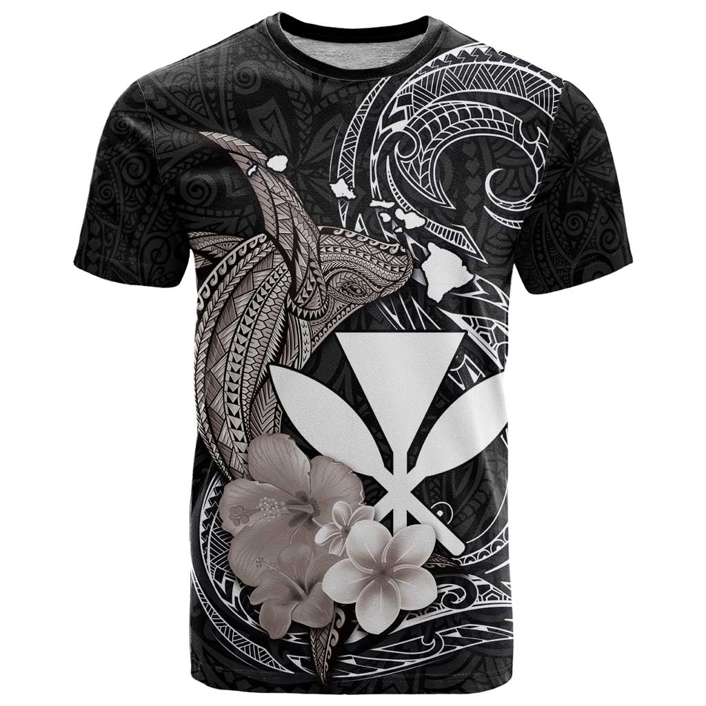 Hawaiian Whale and Kanaka Maoli Symbol T Shirt Hibiscus with Hawaii Map and Polynesian Tattoo Grayscale Color LT03 Black - Polynesian Pride
