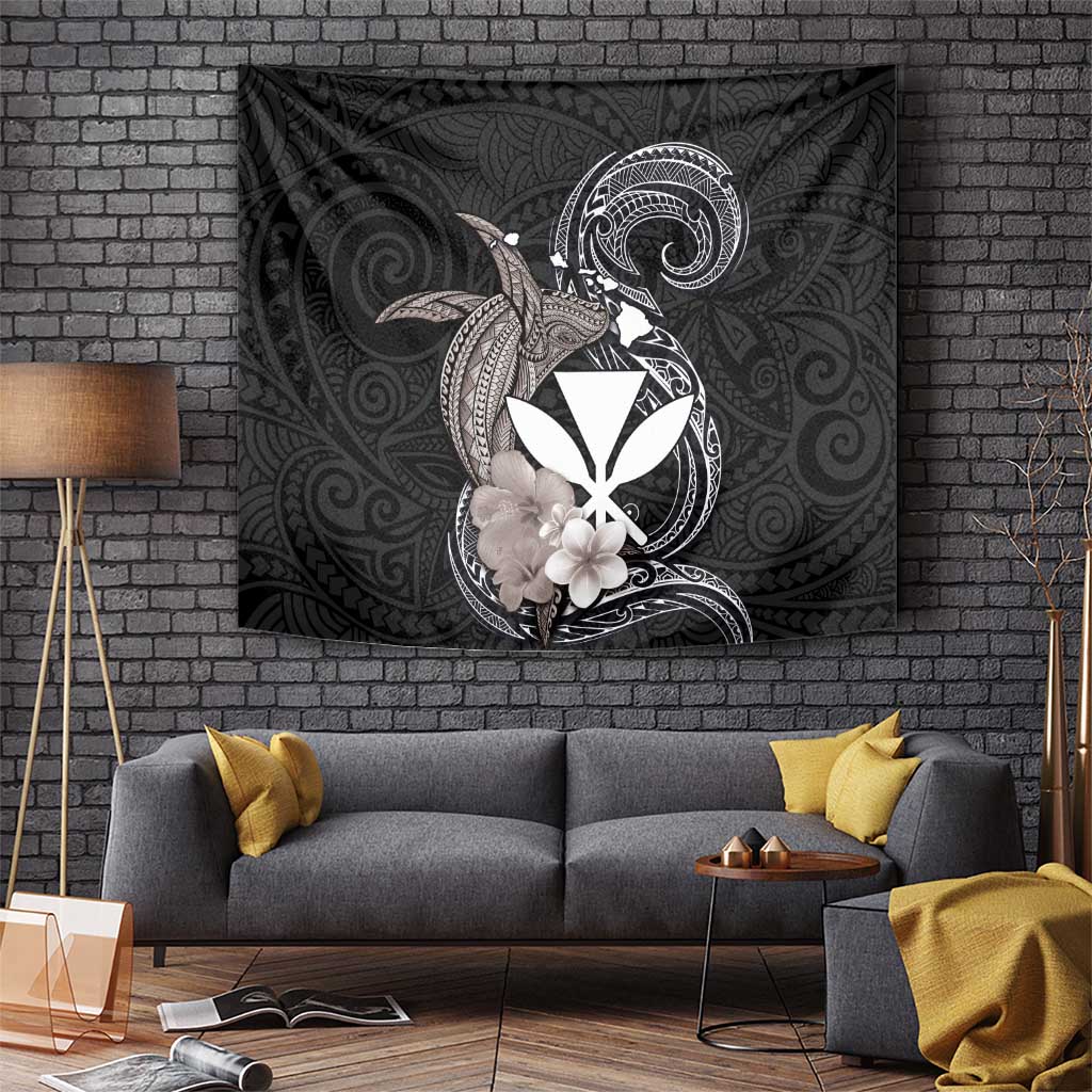 Hawaiian Whale and Kanaka Maoli Symbol Tapestry Hibiscus with Hawaii Map and Polynesian Tattoo Grayscale Color LT03 - Polynesian Pride