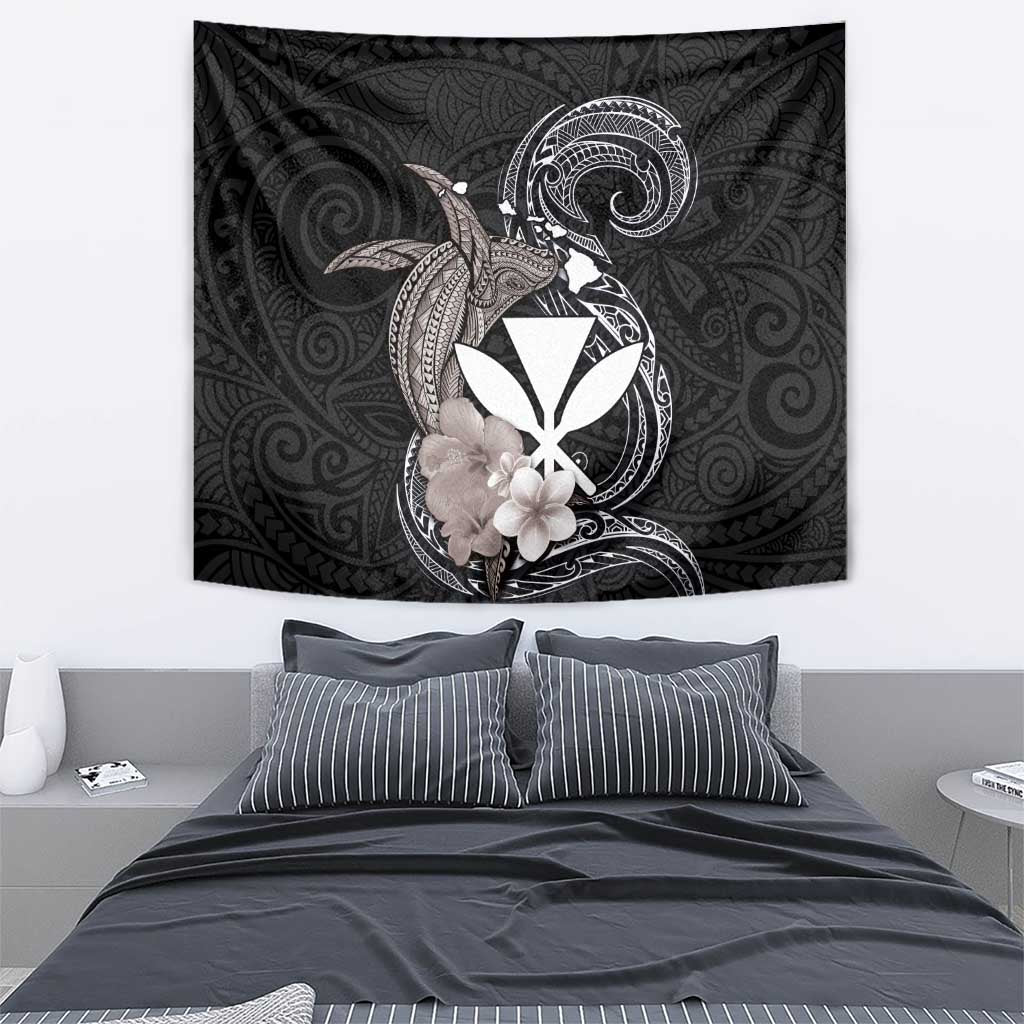 Hawaiian Whale and Kanaka Maoli Symbol Tapestry Hibiscus with Hawaii Map and Polynesian Tattoo Grayscale Color LT03 - Polynesian Pride
