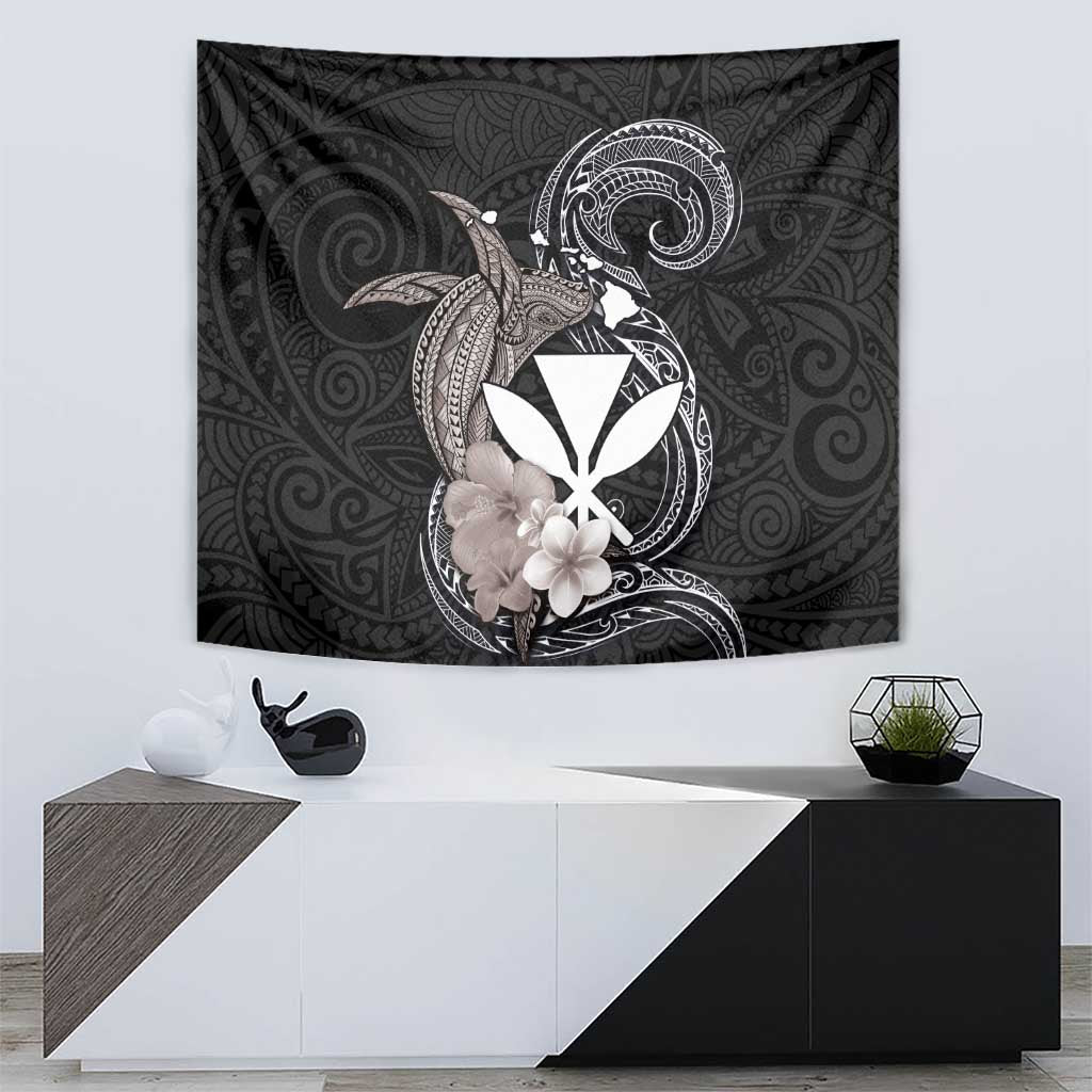 Hawaiian Whale and Kanaka Maoli Symbol Tapestry Hibiscus with Hawaii Map and Polynesian Tattoo Grayscale Color LT03 - Polynesian Pride