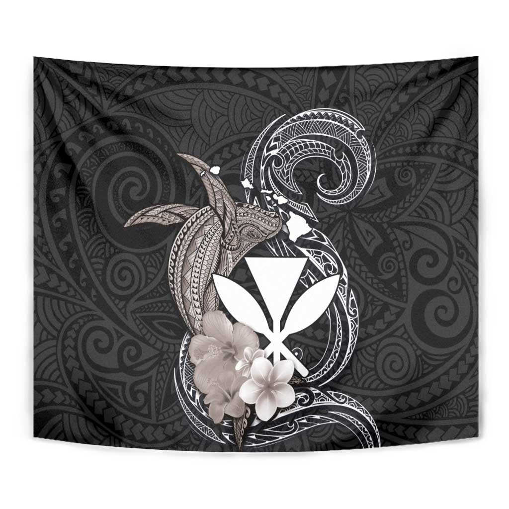 Hawaiian Whale and Kanaka Maoli Symbol Tapestry Hibiscus with Hawaii Map and Polynesian Tattoo Grayscale Color LT03 - Polynesian Pride