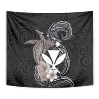 Hawaiian Whale and Kanaka Maoli Symbol Tapestry Hibiscus with Hawaii Map and Polynesian Tattoo Grayscale Color LT03 - Polynesian Pride