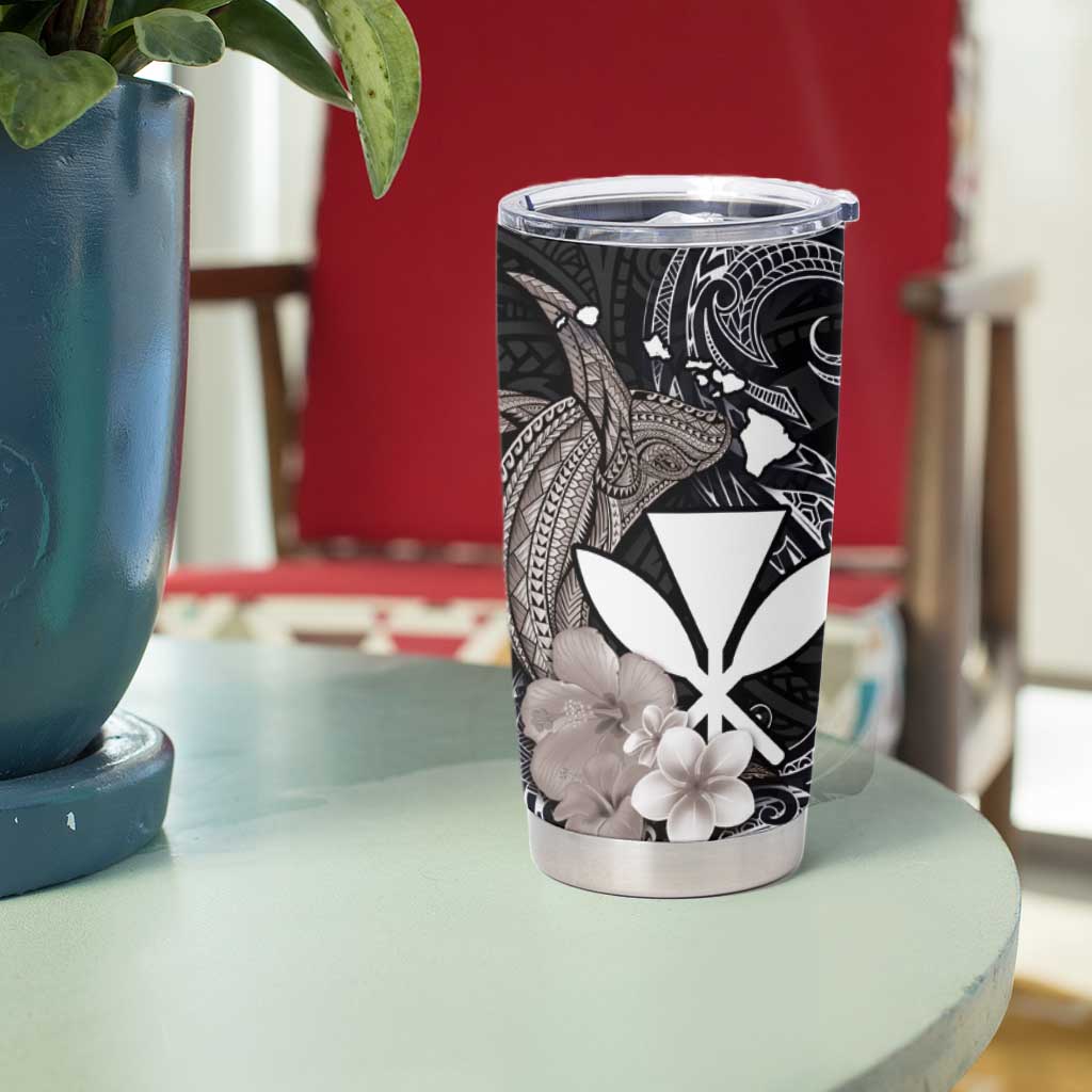 Hawaiian Whale and Kanaka Maoli Symbol Tumbler Cup Hibiscus with Hawaii Map and Polynesian Tattoo Grayscale Color LT03 - Polynesian Pride