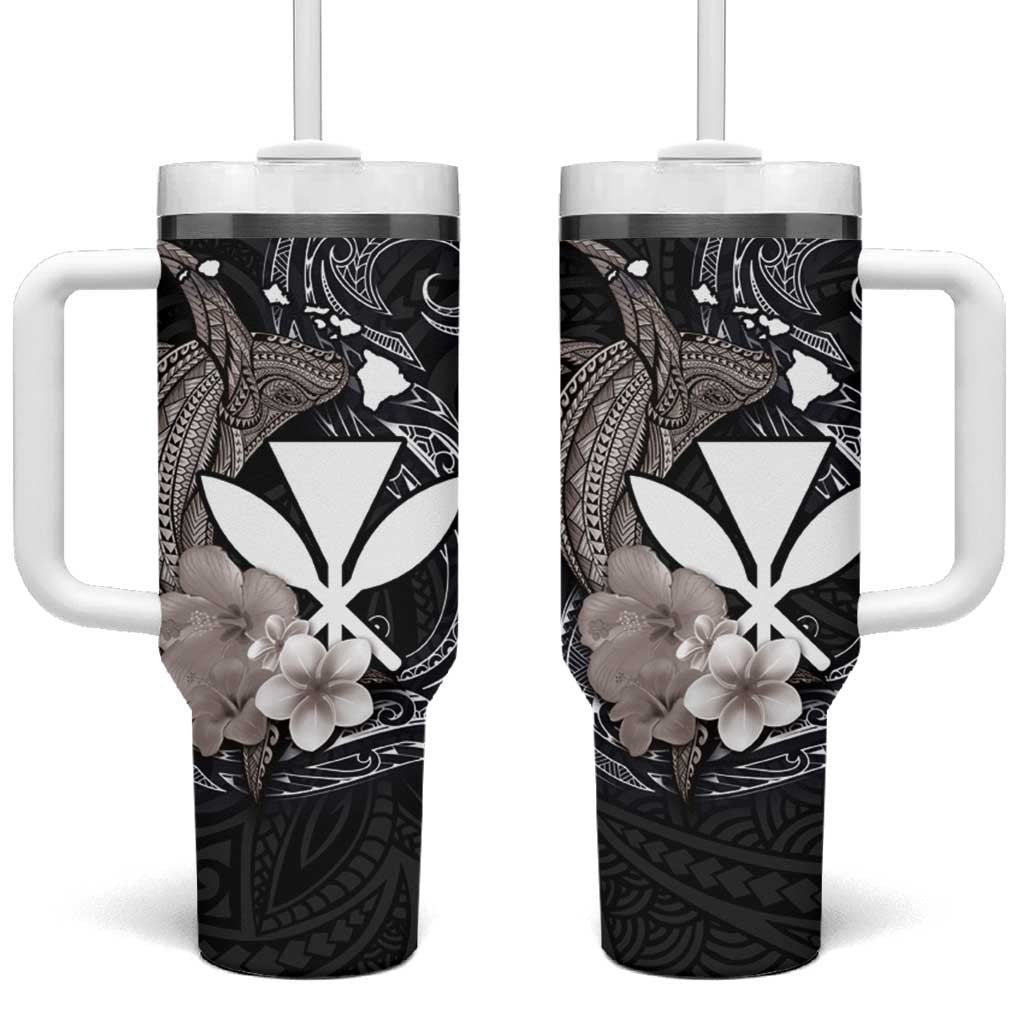 Hawaiian Whale and Kanaka Maoli Symbol Tumbler With Handle Hibiscus with Hawaii Map and Polynesian Tattoo Grayscale Color LT03 One Size: 40 oz Black - Polynesian Pride