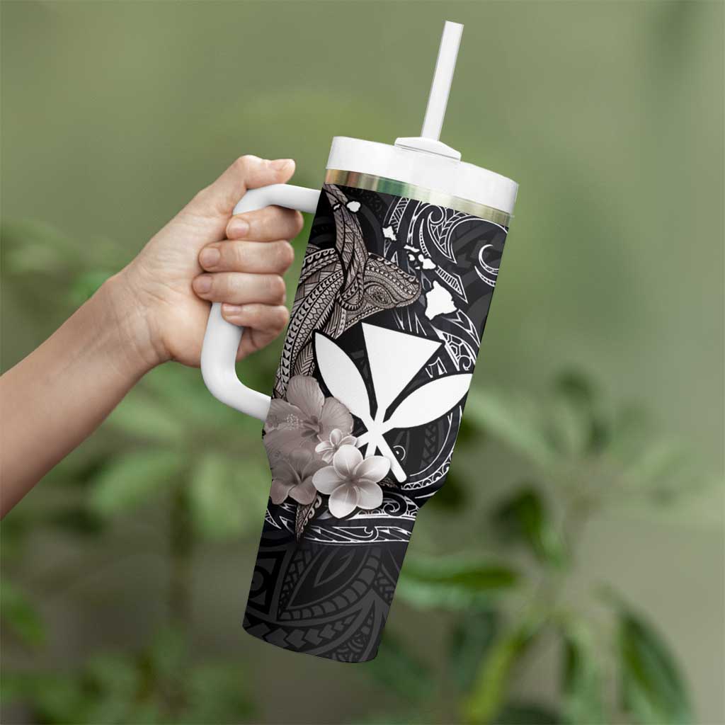 Hawaiian Whale and Kanaka Maoli Symbol Tumbler With Handle Hibiscus with Hawaii Map and Polynesian Tattoo Grayscale Color LT03 - Polynesian Pride