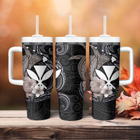 Hawaiian Whale and Kanaka Maoli Symbol Tumbler With Handle Hibiscus with Hawaii Map and Polynesian Tattoo Grayscale Color LT03 - Polynesian Pride