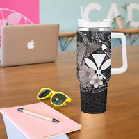 Hawaiian Whale and Kanaka Maoli Symbol Tumbler With Handle Hibiscus with Hawaii Map and Polynesian Tattoo Grayscale Color LT03 - Polynesian Pride