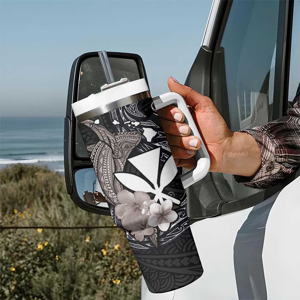 Hawaiian Whale and Kanaka Maoli Symbol Tumbler With Handle Hibiscus with Hawaii Map and Polynesian Tattoo Grayscale Color LT03 - Polynesian Pride