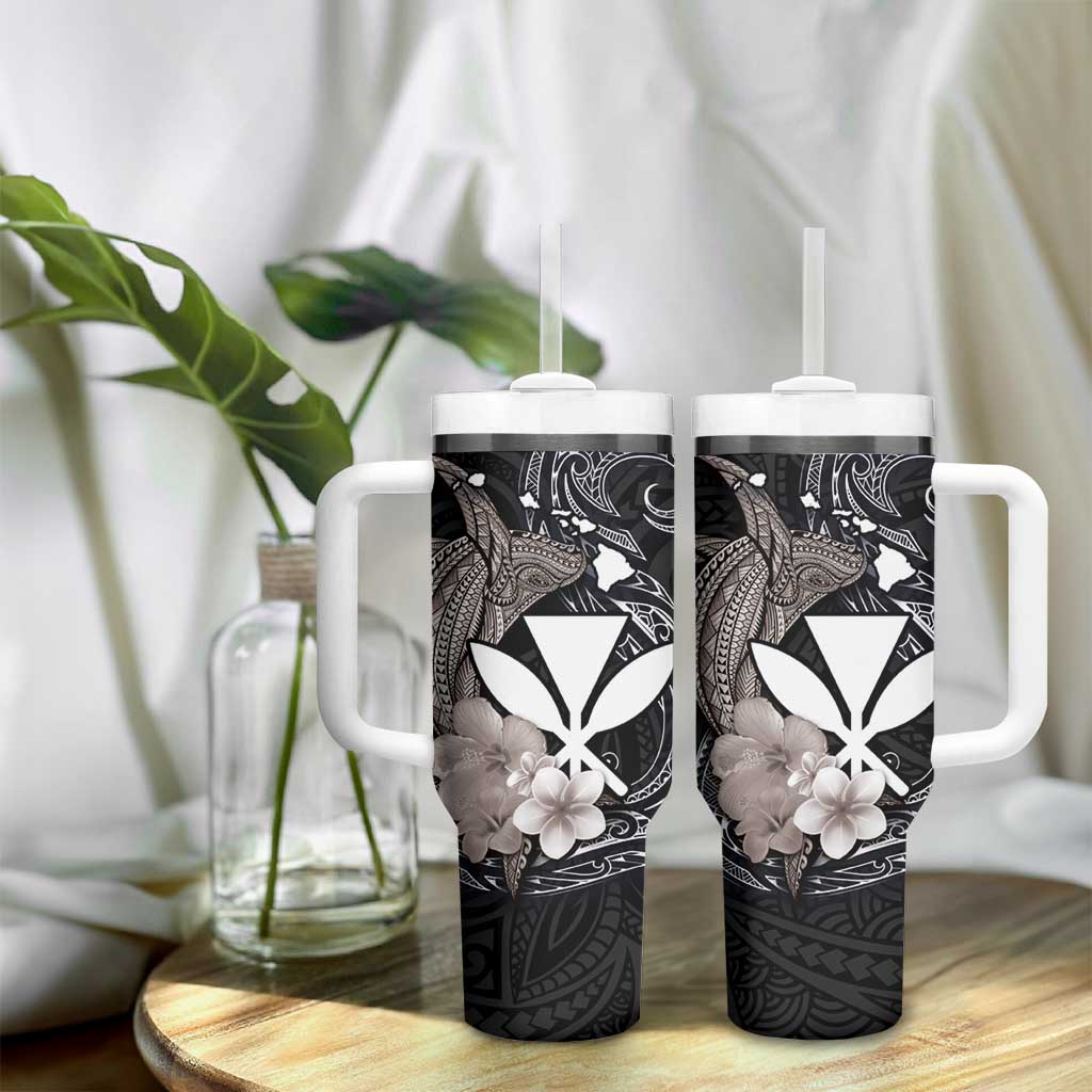 Hawaiian Whale and Kanaka Maoli Symbol Tumbler With Handle Hibiscus with Hawaii Map and Polynesian Tattoo Grayscale Color LT03 - Polynesian Pride