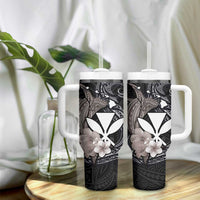 Hawaiian Whale and Kanaka Maoli Symbol Tumbler With Handle Hibiscus with Hawaii Map and Polynesian Tattoo Grayscale Color LT03 - Polynesian Pride