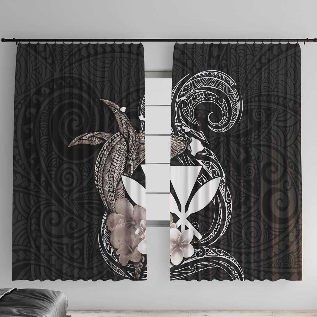 Hawaiian Whale and Kanaka Maoli Symbol Window Curtain Hibiscus with Hawaii Map and Polynesian Tattoo Grayscale Color LT03 With Hooks Black - Polynesian Pride
