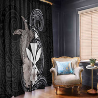 Hawaiian Whale and Kanaka Maoli Symbol Window Curtain Hibiscus with Hawaii Map and Polynesian Tattoo Grayscale Color LT03 - Polynesian Pride