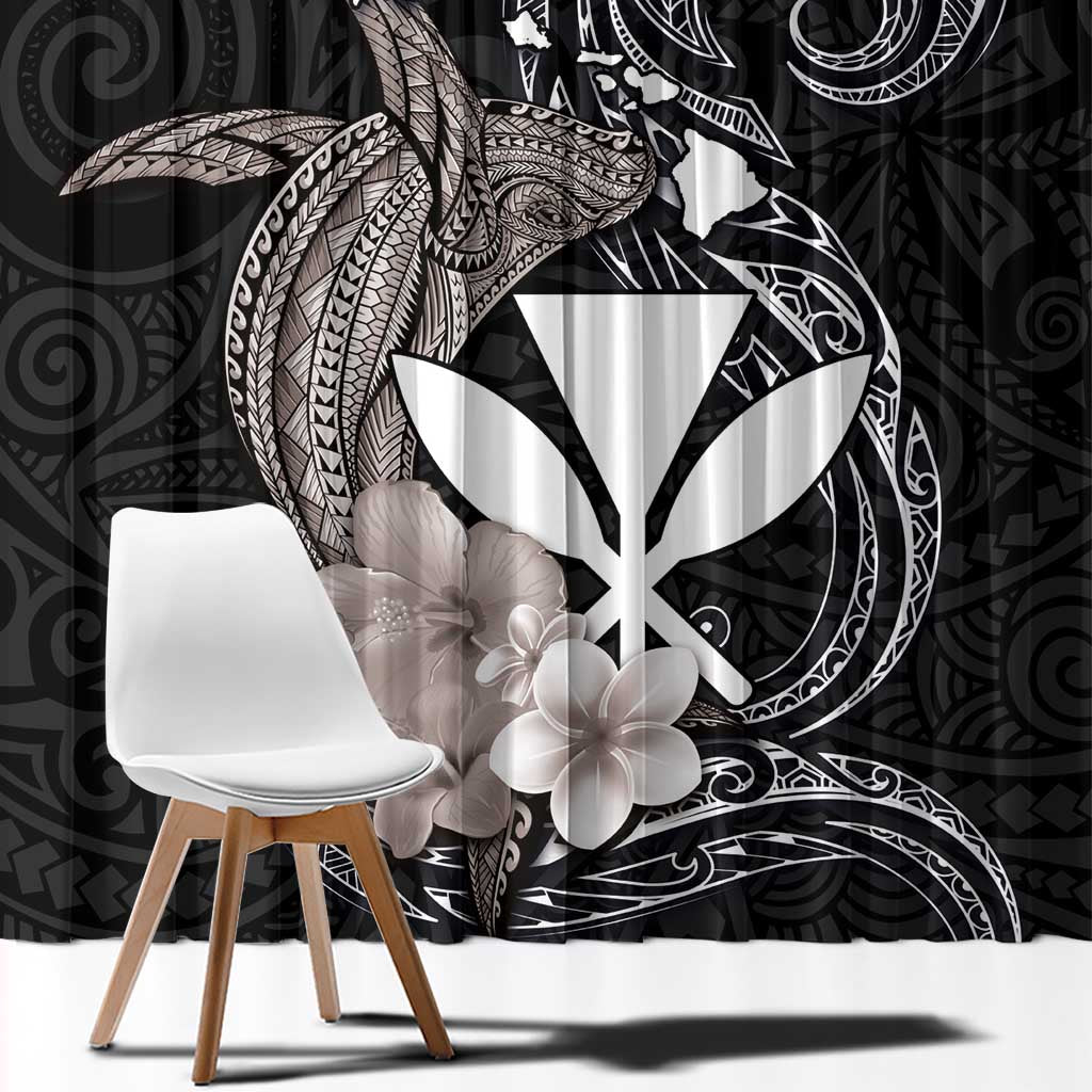 Hawaiian Whale and Kanaka Maoli Symbol Window Curtain Hibiscus with Hawaii Map and Polynesian Tattoo Grayscale Color LT03 - Polynesian Pride