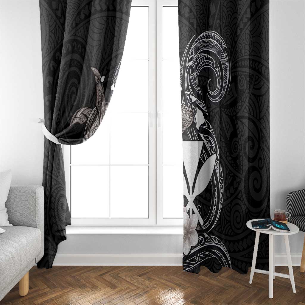 Hawaiian Whale and Kanaka Maoli Symbol Window Curtain Hibiscus with Hawaii Map and Polynesian Tattoo Grayscale Color LT03 - Polynesian Pride