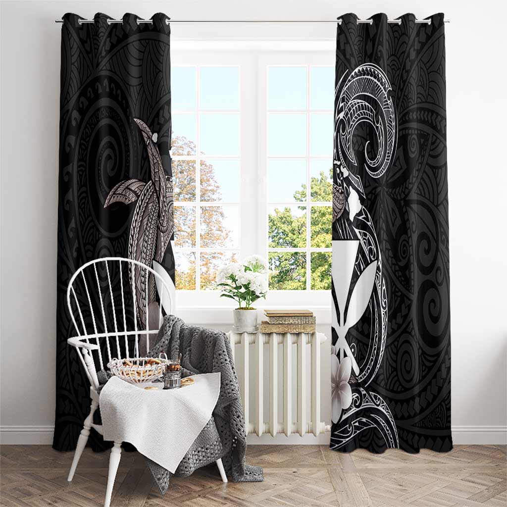 Hawaiian Whale and Kanaka Maoli Symbol Window Curtain Hibiscus with Hawaii Map and Polynesian Tattoo Grayscale Color LT03 - Polynesian Pride