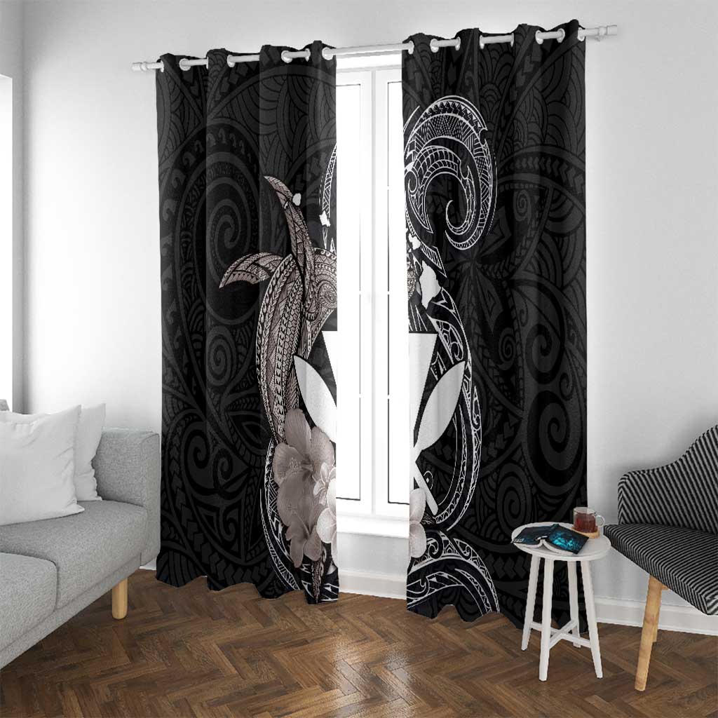 Hawaiian Whale and Kanaka Maoli Symbol Window Curtain Hibiscus with Hawaii Map and Polynesian Tattoo Grayscale Color LT03 With Grommets Black - Polynesian Pride