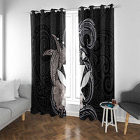 Hawaiian Whale and Kanaka Maoli Symbol Window Curtain Hibiscus with Hawaii Map and Polynesian Tattoo Grayscale Color LT03 With Grommets Black - Polynesian Pride