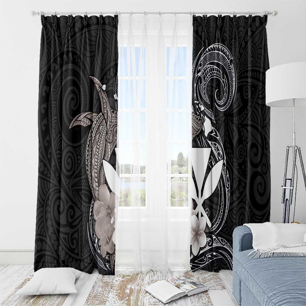 Hawaiian Whale and Kanaka Maoli Symbol Window Curtain Hibiscus with Hawaii Map and Polynesian Tattoo Grayscale Color LT03 - Polynesian Pride