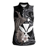 Hawaiian Whale and Kanaka Maoli Symbol Women Sleeveless Polo Shirt Hibiscus with Hawaii Map and Polynesian Tattoo Grayscale Color LT03 Female Black - Polynesian Pride