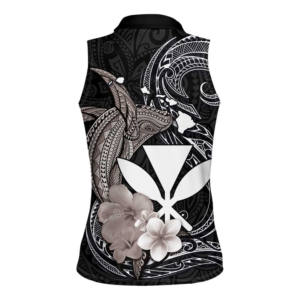 Hawaiian Whale and Kanaka Maoli Symbol Women Sleeveless Polo Shirt Hibiscus with Hawaii Map and Polynesian Tattoo Grayscale Color LT03 - Polynesian Pride