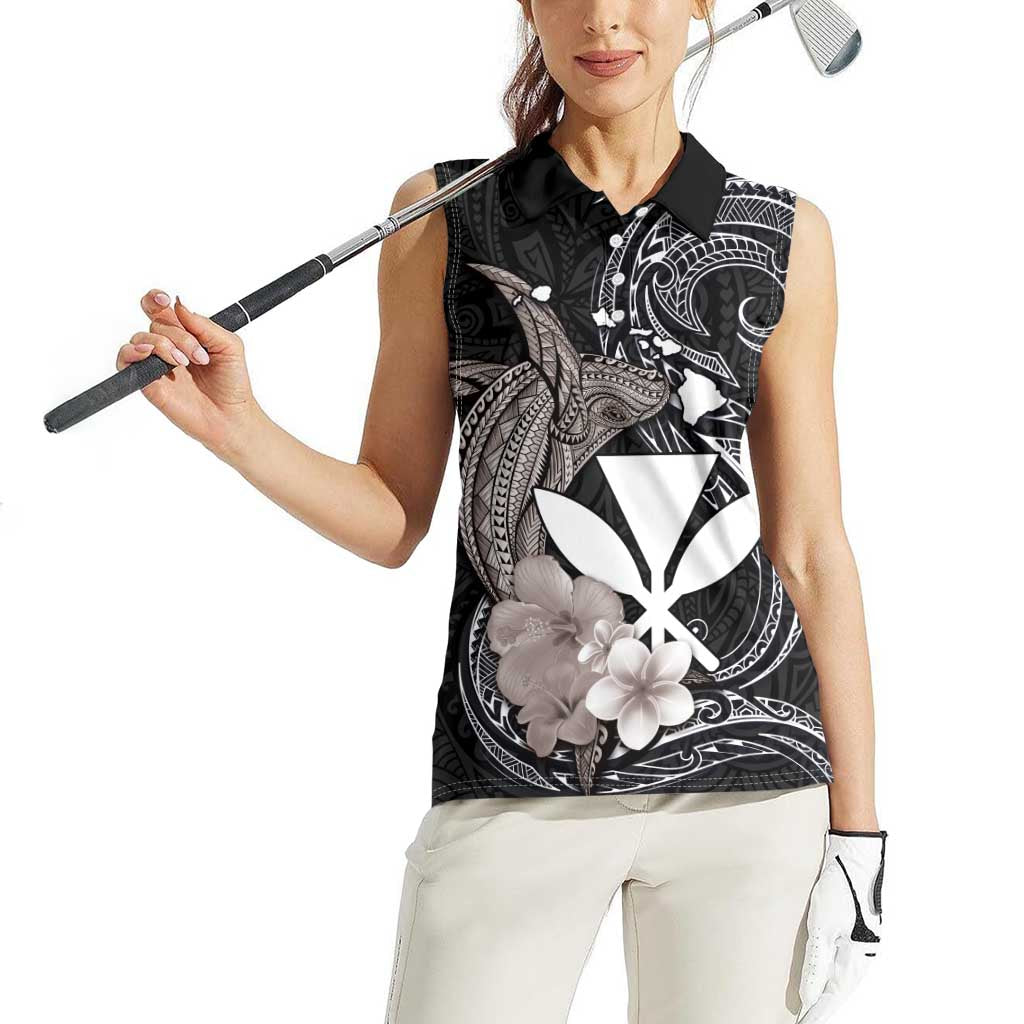 Hawaiian Whale and Kanaka Maoli Symbol Women Sleeveless Polo Shirt Hibiscus with Hawaii Map and Polynesian Tattoo Grayscale Color LT03 - Polynesian Pride