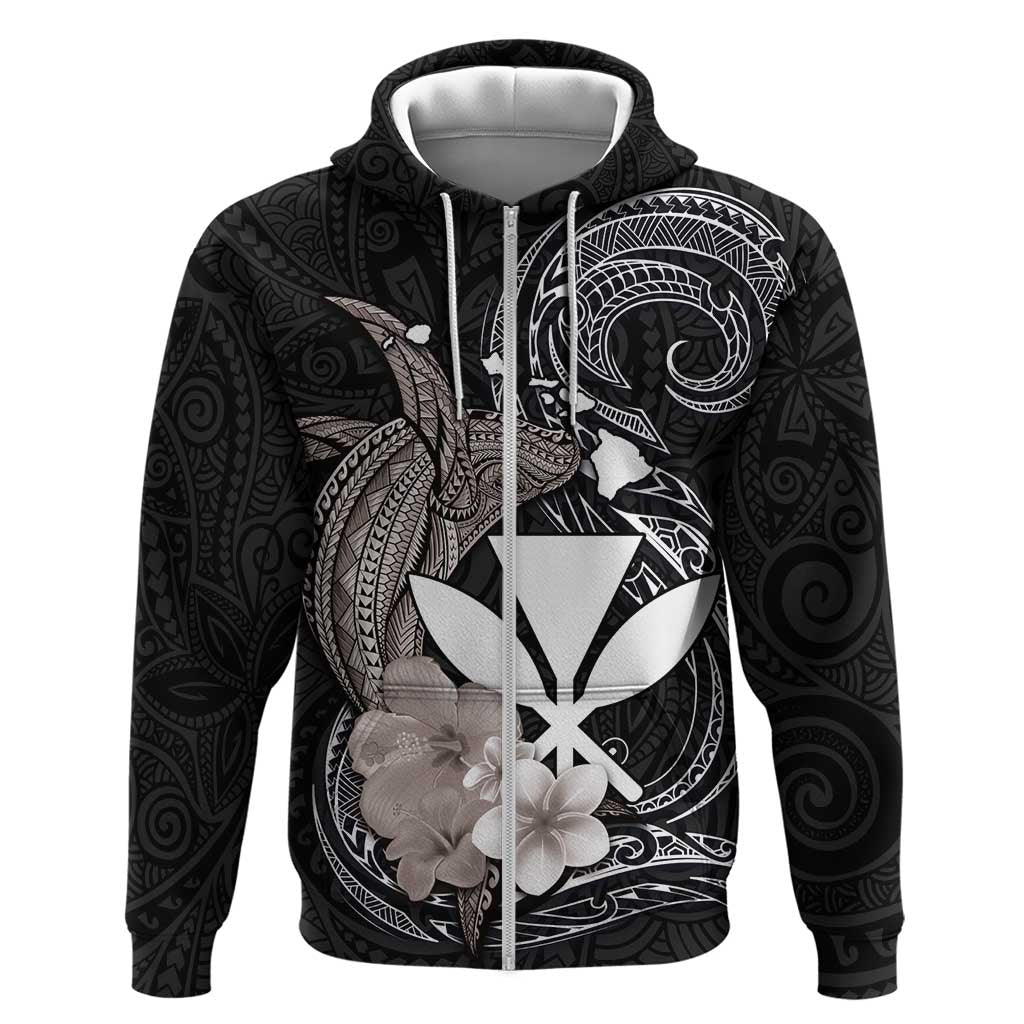 Hawaiian Whale and Kanaka Maoli Symbol Zip Hoodie Hibiscus with Hawaii Map and Polynesian Tattoo Grayscale Color LT03 Zip Hoodie Black - Polynesian Pride