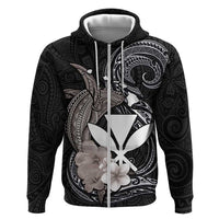 Hawaiian Whale and Kanaka Maoli Symbol Zip Hoodie Hibiscus with Hawaii Map and Polynesian Tattoo Grayscale Color LT03 Zip Hoodie Black - Polynesian Pride