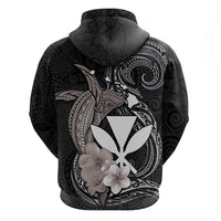 Hawaiian Whale and Kanaka Maoli Symbol Zip Hoodie Hibiscus with Hawaii Map and Polynesian Tattoo Grayscale Color LT03 - Polynesian Pride