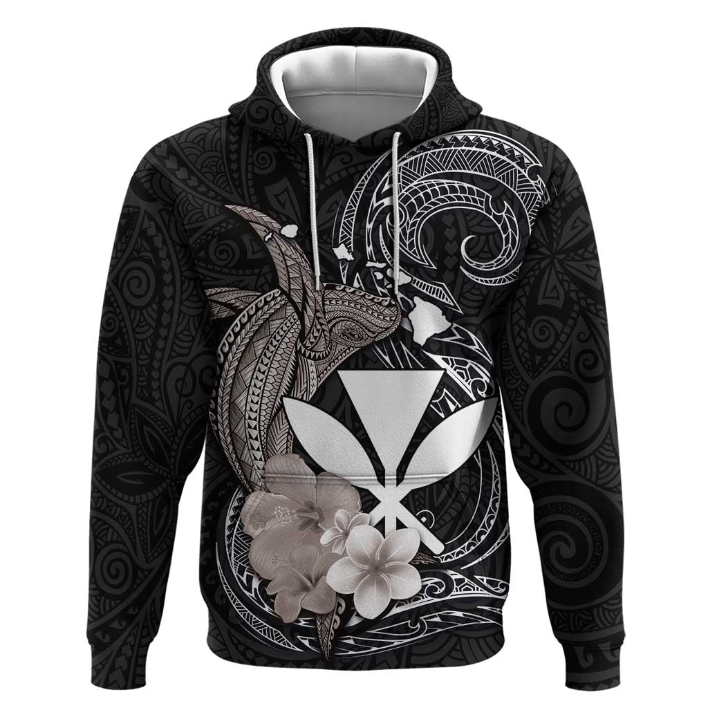Hawaiian Whale and Kanaka Maoli Symbol Zip Hoodie Hibiscus with Hawaii Map and Polynesian Tattoo Grayscale Color LT03 Pullover Hoodie Black - Polynesian Pride