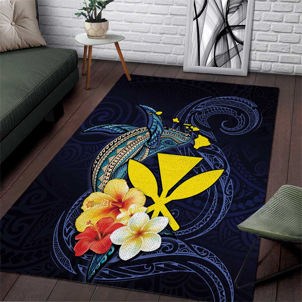 Hawaiian Whale and Kanaka Maoli Symbol Area Rug Hibiscus with Hawaii Map and Polynesian Tattoo Deep Sea Color LT03 Blue - Polynesian Pride