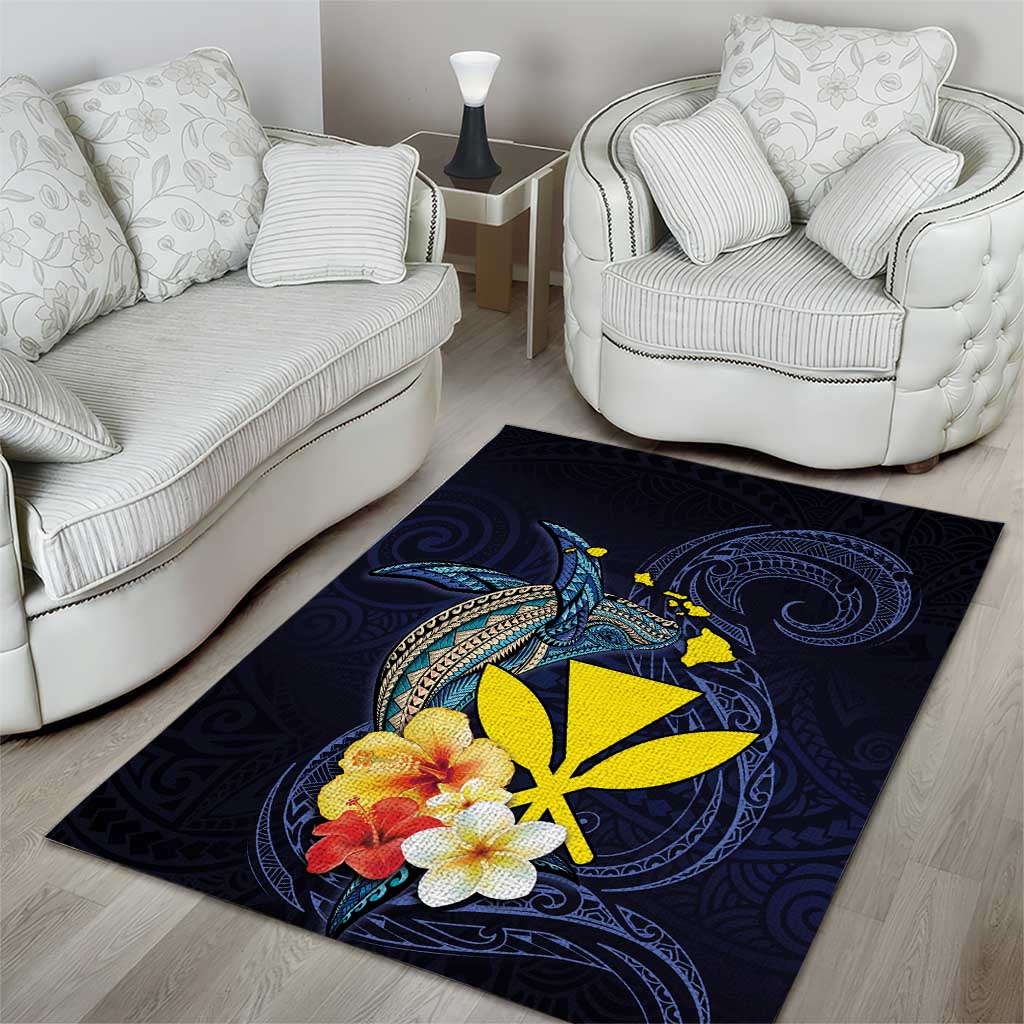 Hawaiian Whale and Kanaka Maoli Symbol Area Rug Hibiscus with Hawaii Map and Polynesian Tattoo Deep Sea Color LT03 - Polynesian Pride