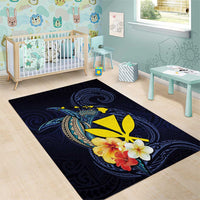 Hawaiian Whale and Kanaka Maoli Symbol Area Rug Hibiscus with Hawaii Map and Polynesian Tattoo Deep Sea Color LT03 - Polynesian Pride