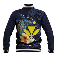 Hawaiian Whale and Kanaka Maoli Symbol Baseball Jacket Hibiscus with Hawaii Map and Polynesian Tattoo Deep Sea Color LT03 - Polynesian Pride