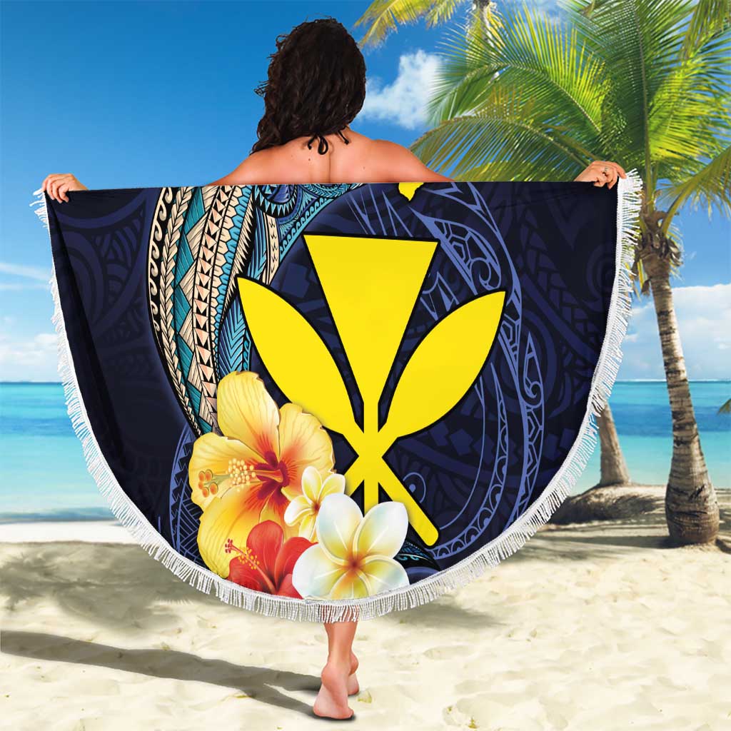 Hawaiian Whale and Kanaka Maoli Symbol Beach Blanket Hibiscus with Hawaii Map and Polynesian Tattoo Deep Sea Color LT03 - Polynesian Pride