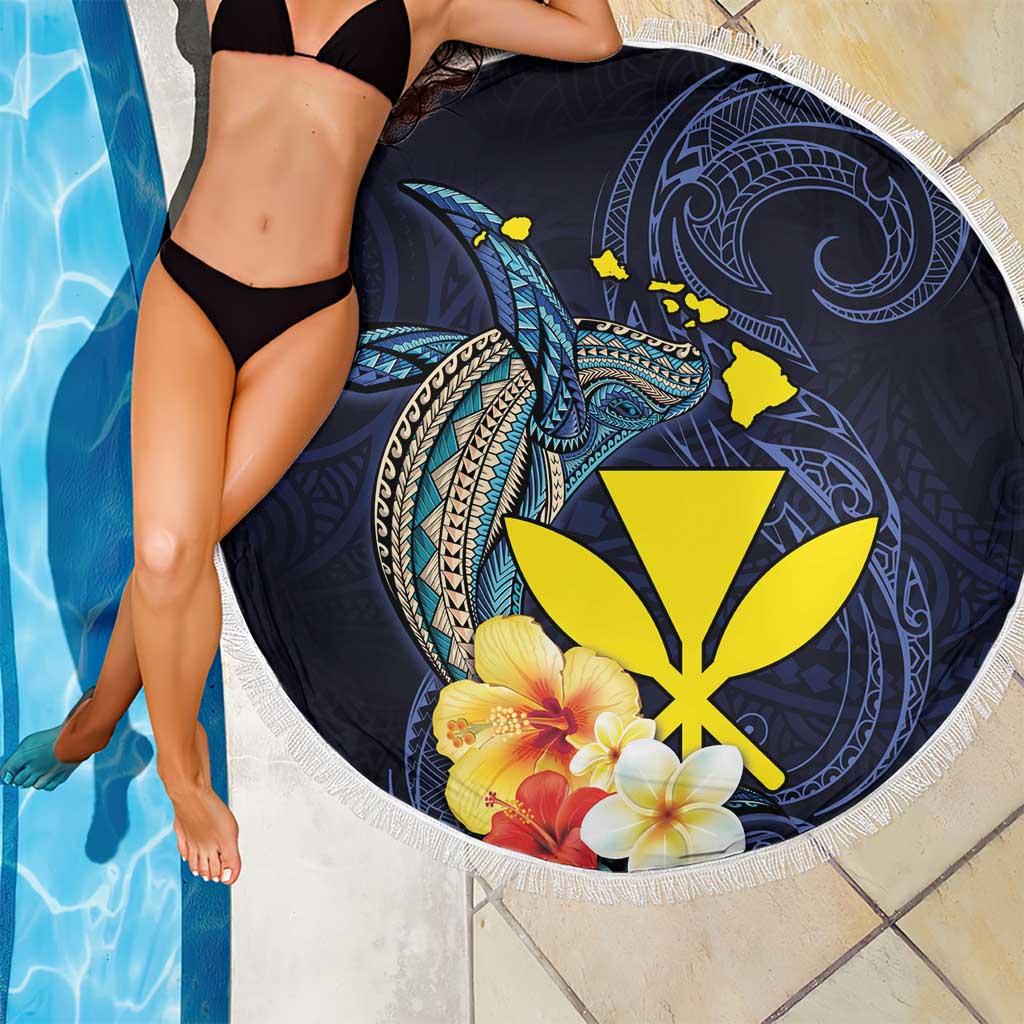 Hawaiian Whale and Kanaka Maoli Symbol Beach Blanket Hibiscus with Hawaii Map and Polynesian Tattoo Deep Sea Color LT03 - Polynesian Pride