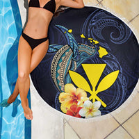 Hawaiian Whale and Kanaka Maoli Symbol Beach Blanket Hibiscus with Hawaii Map and Polynesian Tattoo Deep Sea Color LT03 - Polynesian Pride