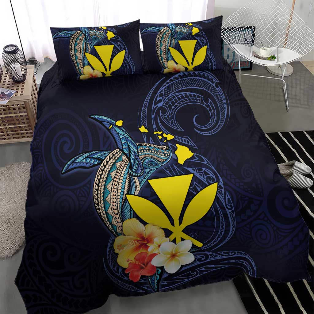Hawaiian Whale and Kanaka Maoli Symbol Bedding Set Hibiscus with Hawaii Map and Polynesian Tattoo Deep Sea Color LT03 - Polynesian Pride