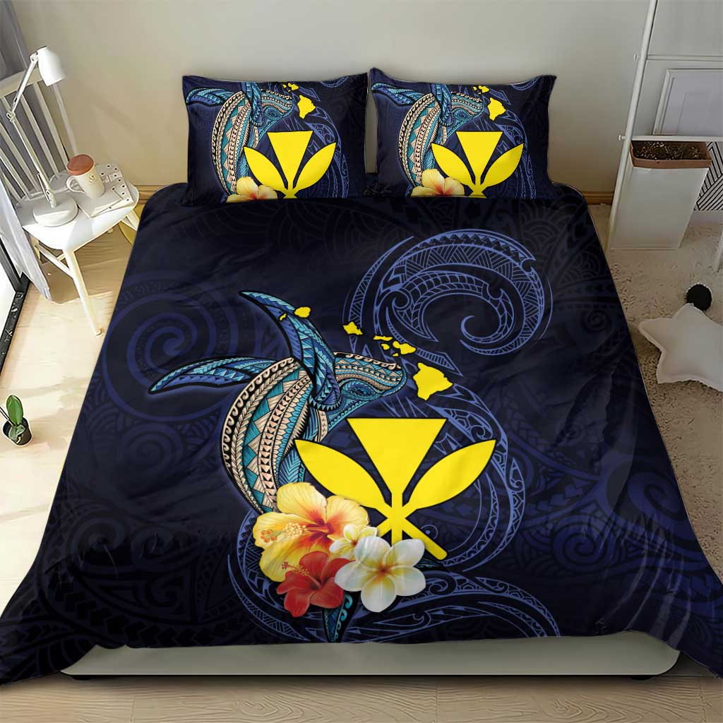 Hawaiian Whale and Kanaka Maoli Symbol Bedding Set Hibiscus with Hawaii Map and Polynesian Tattoo Deep Sea Color LT03 - Polynesian Pride