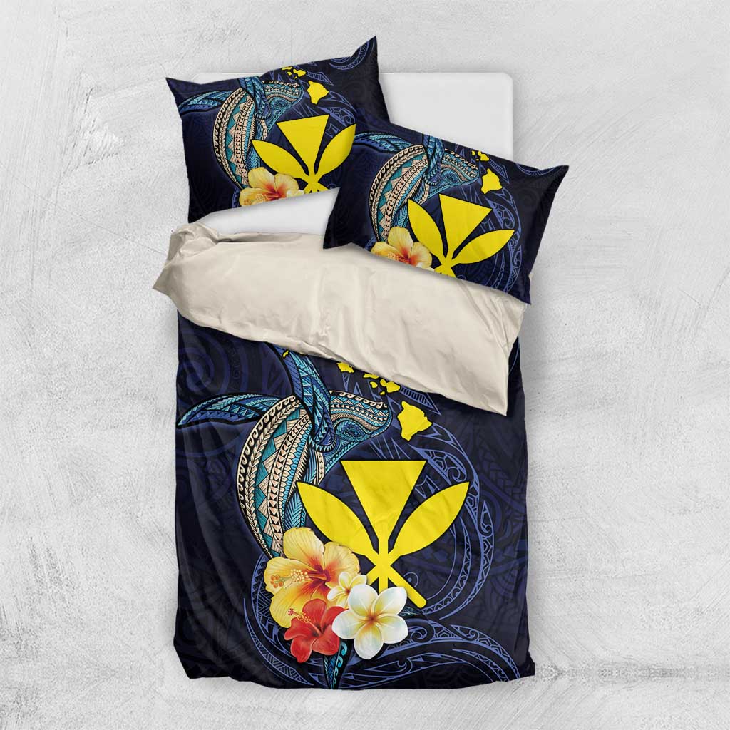 Hawaiian Whale and Kanaka Maoli Symbol Bedding Set Hibiscus with Hawaii Map and Polynesian Tattoo Deep Sea Color LT03 US Twin 172cm x 218cm Blue - Polynesian Pride