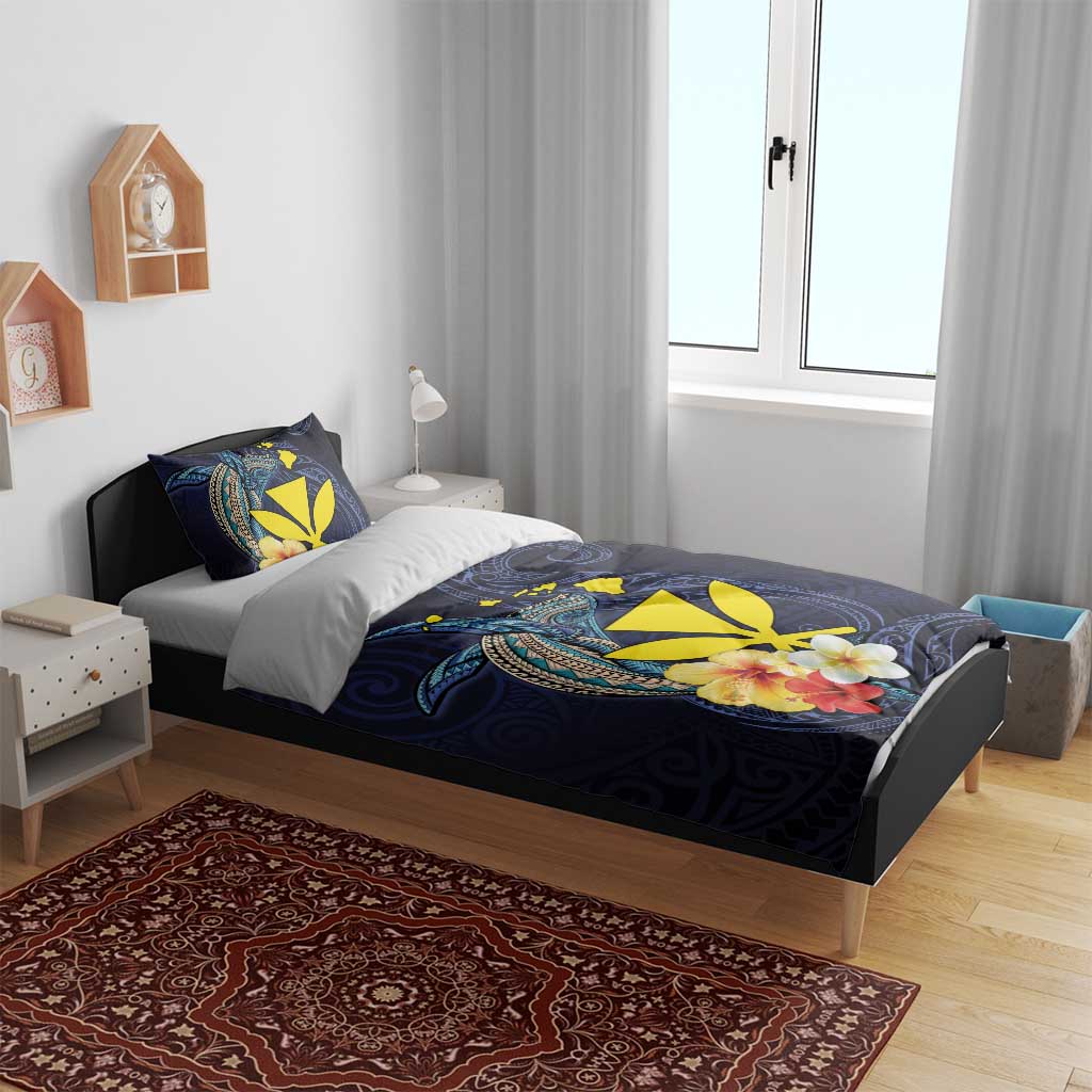 Hawaiian Whale and Kanaka Maoli Symbol Bedding Set Hibiscus with Hawaii Map and Polynesian Tattoo Deep Sea Color LT03 - Polynesian Pride